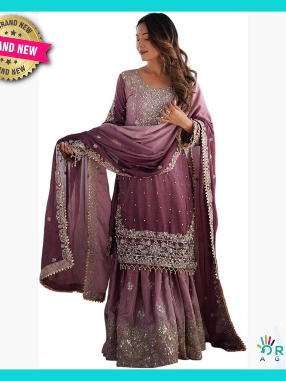 Chinon Silk Kurta Set with Sharara Elegant Ethnic Party Wear Regular Fit